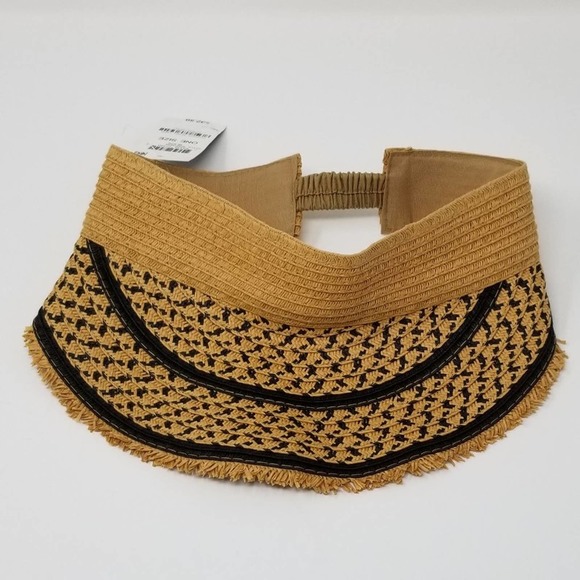 INC Printed Tweed Stripe Frayed Edge Visor Black Natural Straw OS - Picture 2 of 5